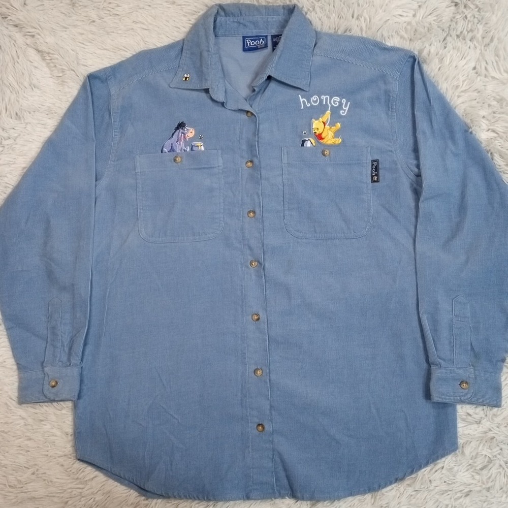 Pooh Disney Womens Shirt Blue M Corduroy Embroidery Button Up Honey Eeyore